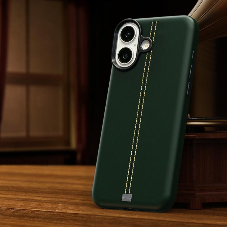 For iPhone 16 Jazz Series Retro Vegan Leather Textured Metal Frame Magnetic Phone Case(Green)