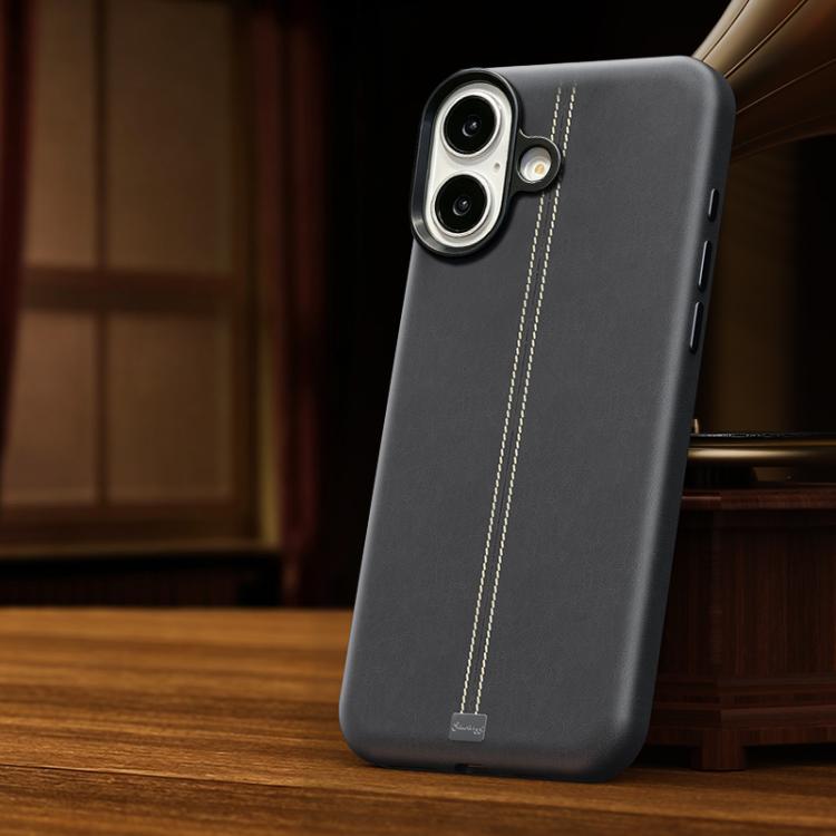 For iPhone 16 Jazz Series Retro Vegan Leather Textured Metal Frame Magnetic Phone Case(Titanium Gray)