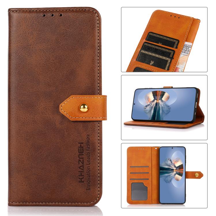 For iPhone 16 KHAZNEH Dual-color Cowhide Texture Flip Leather Phone Case(Brown)