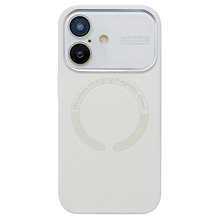 For iPhone 16 Large Window Acrylic Glass Lens MagSafe Silicone Phone Case(Antique White)