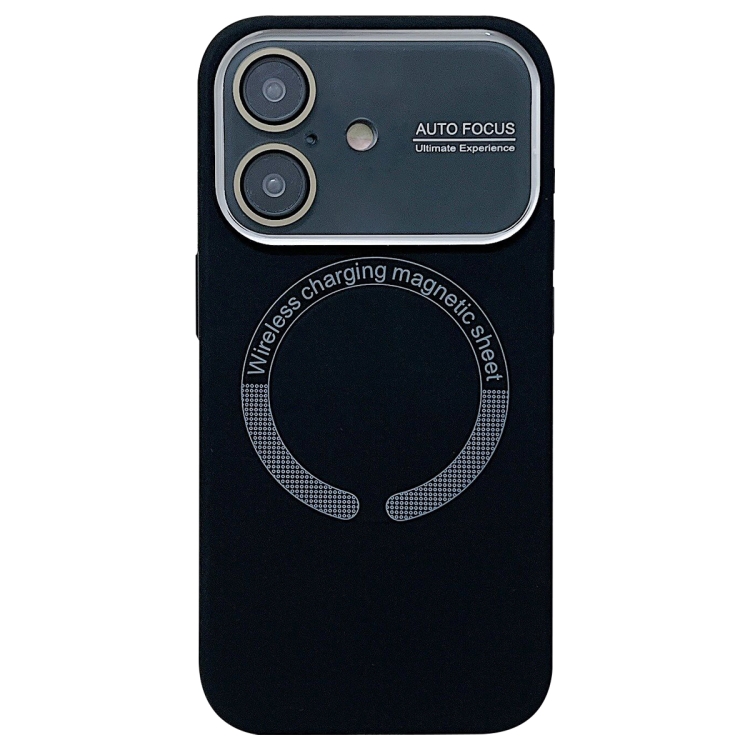For iPhone 16 Large Window Acrylic Glass Lens MagSafe Silicone Phone Case(Black)