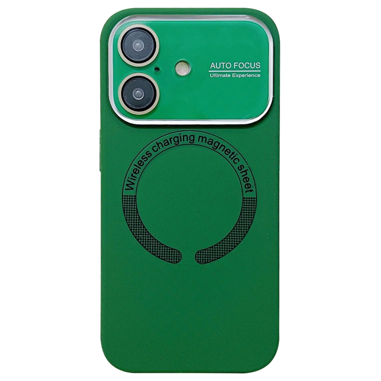 For iPhone 16 Large Window Acrylic Glass Lens MagSafe Silicone Phone Case(Dark Green)