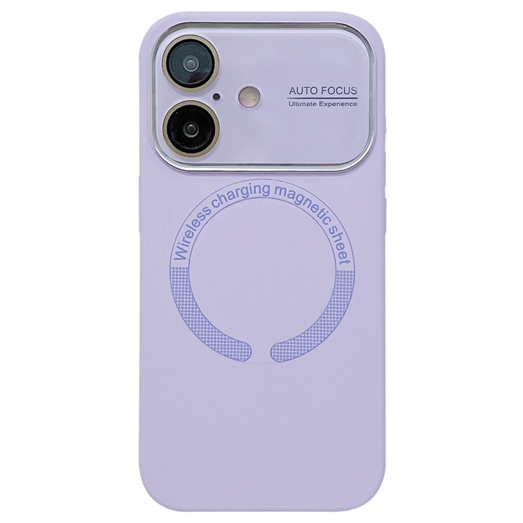 For iPhone 16 Large Window Acrylic Glass Lens MagSafe Silicone Phone Case(Lilac)