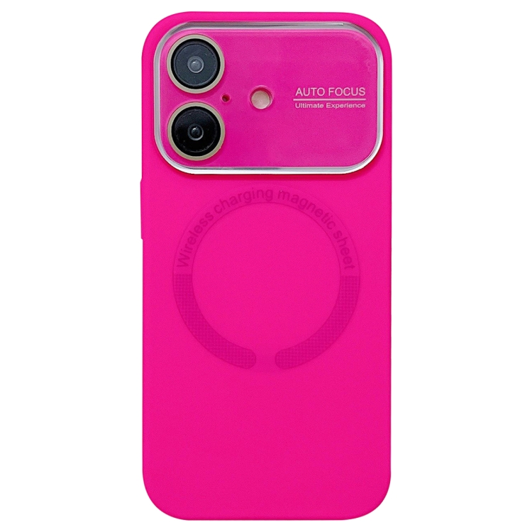 For iPhone 16 Large Window Acrylic Glass Lens MagSafe Silicone Phone Case(Rose Red)