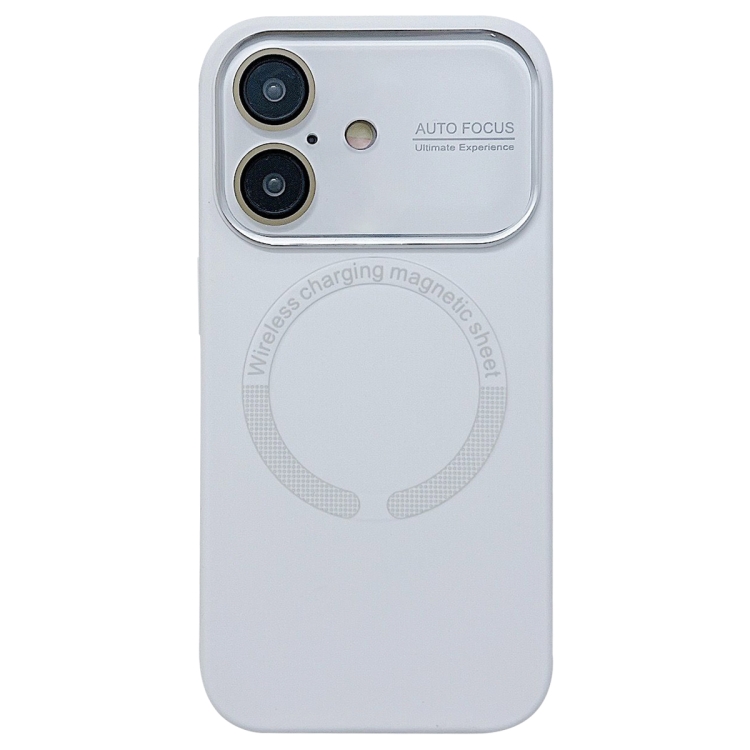 For iPhone 16 Large Window Acrylic Glass Lens MagSafe Silicone Phone Case(White)