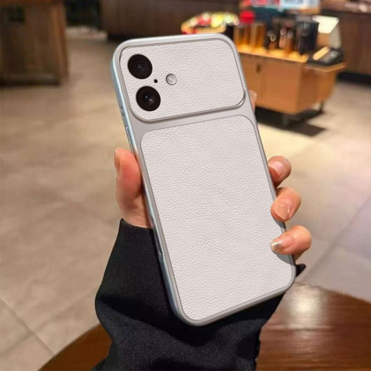 For iPhone 16 Large Window Leather Textured Coated TPU Phone Case(White)