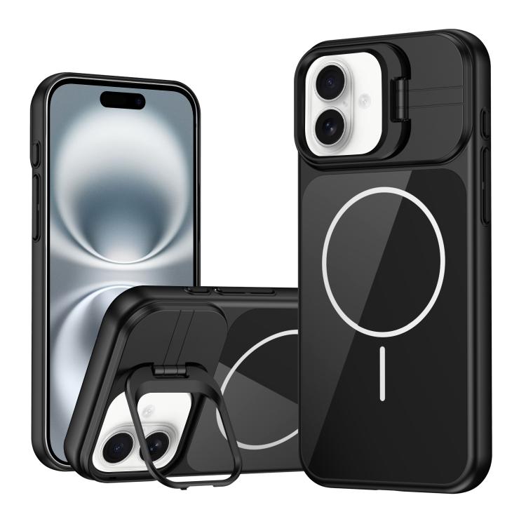 For iPhone 16 Lens Frame Stand Glass Thin Circle Magnetic Phone Case(Black)