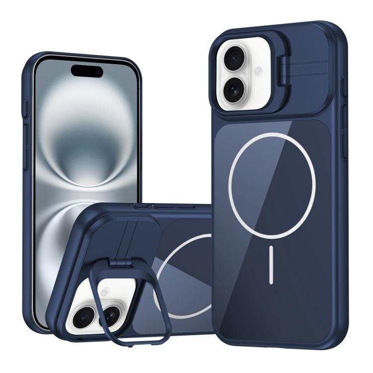 For iPhone 16 Lens Frame Stand Glass Thin Circle Magnetic Phone Case(Blue)