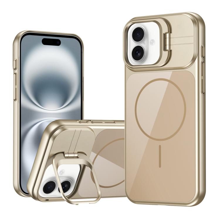 For iPhone 16 Lens Frame Stand Glass Thin Circle Magnetic Phone Case(Desert Gold)