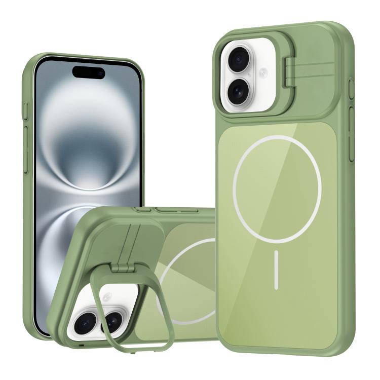 For iPhone 16 Lens Frame Stand Glass Thin Circle Magnetic Phone Case(Green)