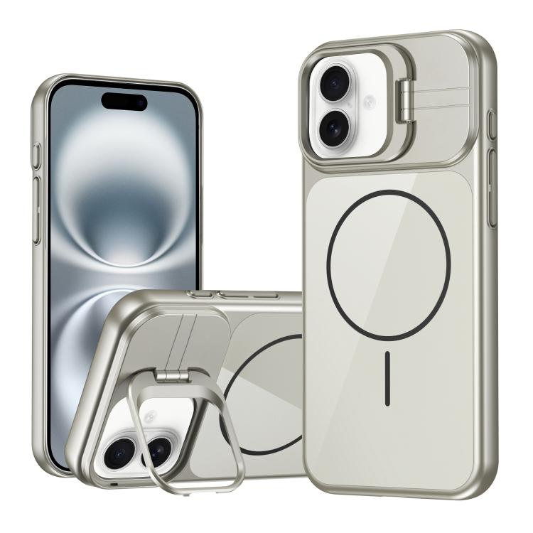 For iPhone 16 Lens Frame Stand Glass Thin Circle Magnetic Phone Case(Silver)