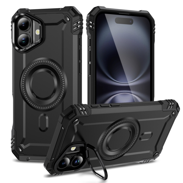 For iPhone 16 Lens Holder MagSafe Phone Case(Black)