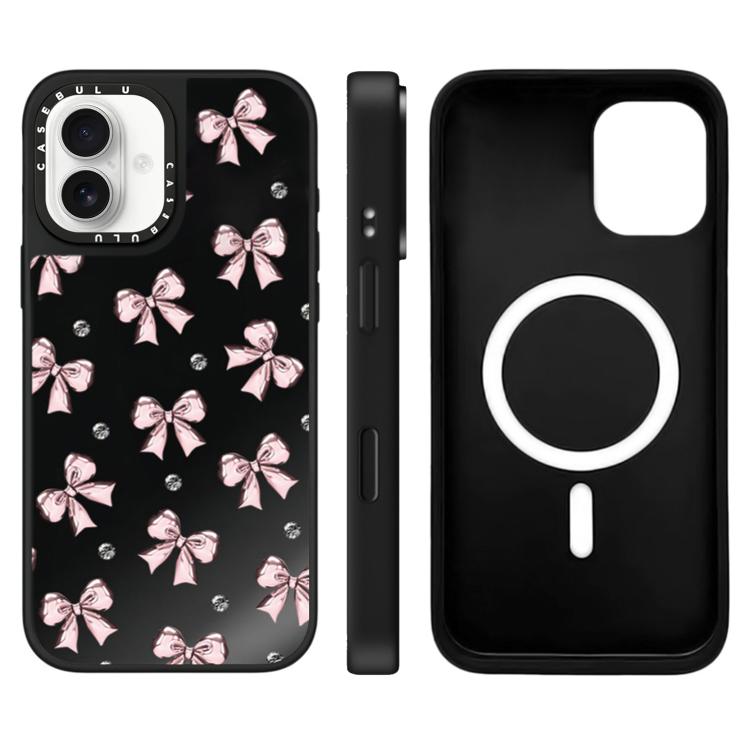 For iPhone 16 Leopard Cherry Series Pattern Mirror Magnetic Phone Case(Bow-knots)