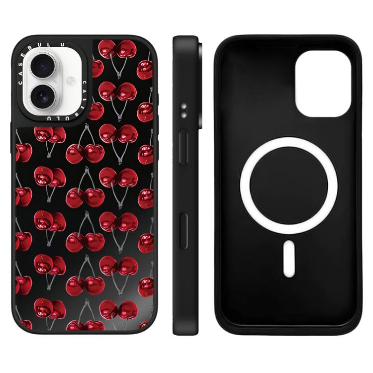 For iPhone 16 Leopard Cherry Series Pattern Mirror Magnetic Phone Case(Cherrys)