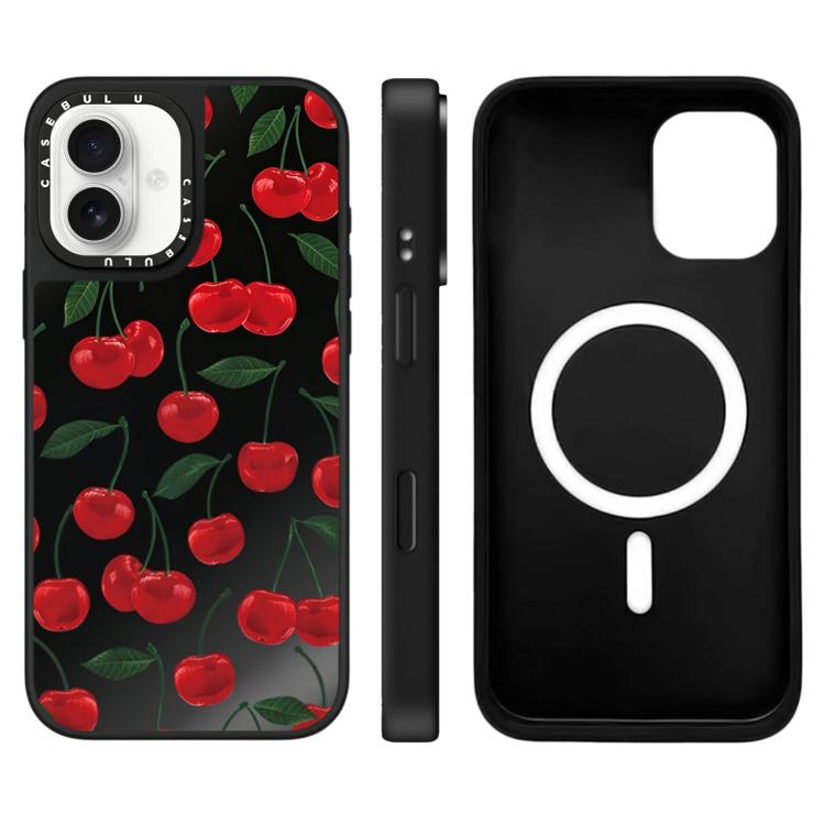 For iPhone 16 Leopard Cherry Series Pattern Mirror Magnetic Phone Case(Cherrys with Leaves)