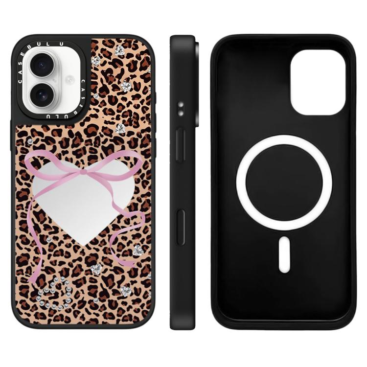 For iPhone 16 Leopard Cherry Series Pattern Mirror Magnetic Phone Case(Heart Leopard)