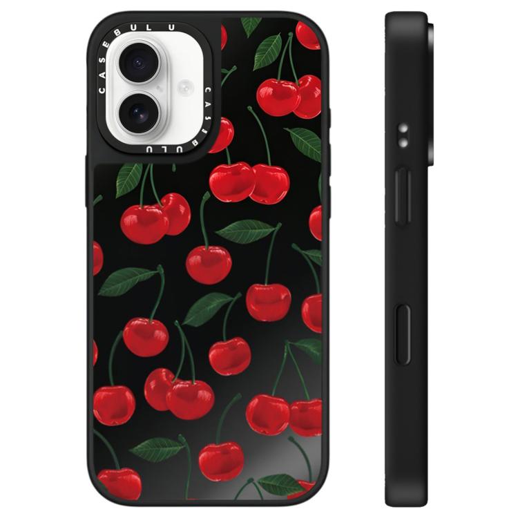 For iPhone 16 Leopard Cherry Series Pattern Mirror Phone Case(Cherrys with Leaves)