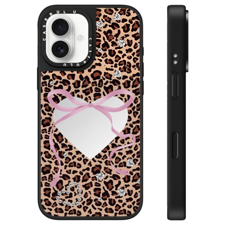 For iPhone 16 Leopard Cherry Series Pattern Mirror Phone Case(Heart Leopard)