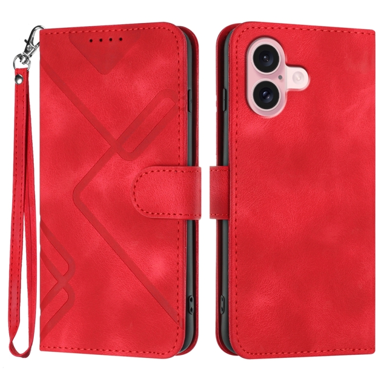 For iPhone 16 Line Pattern Skin Feel Leather Phone Case(Red)