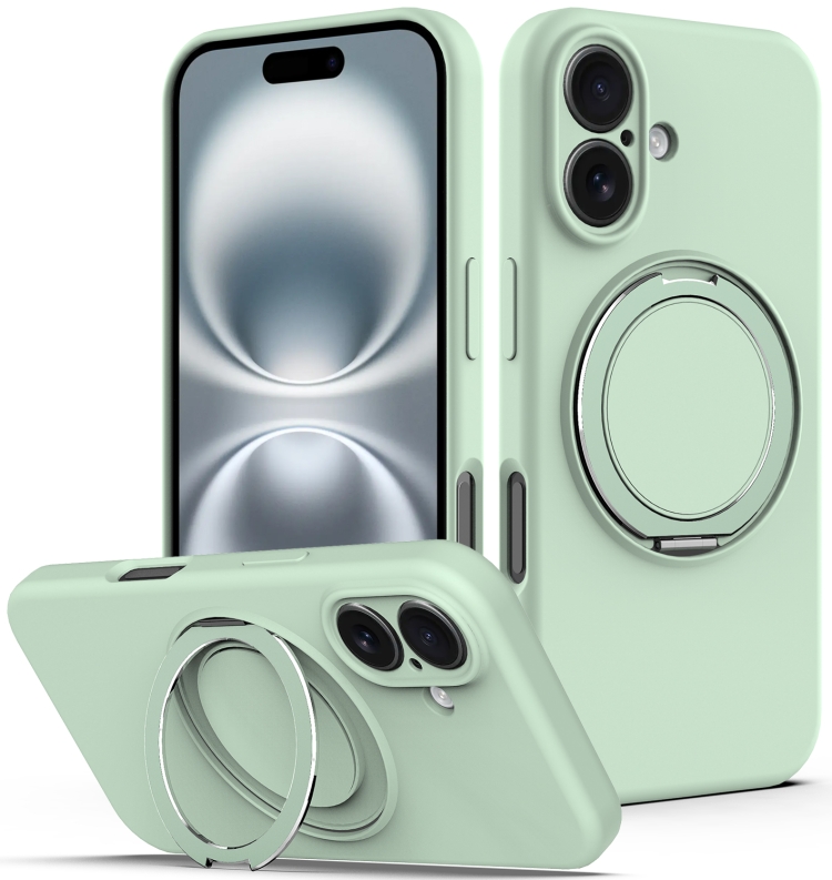 For iPhone 16 Liquid Silicone MagSafe Phone Case with Rotating Holder(Green)