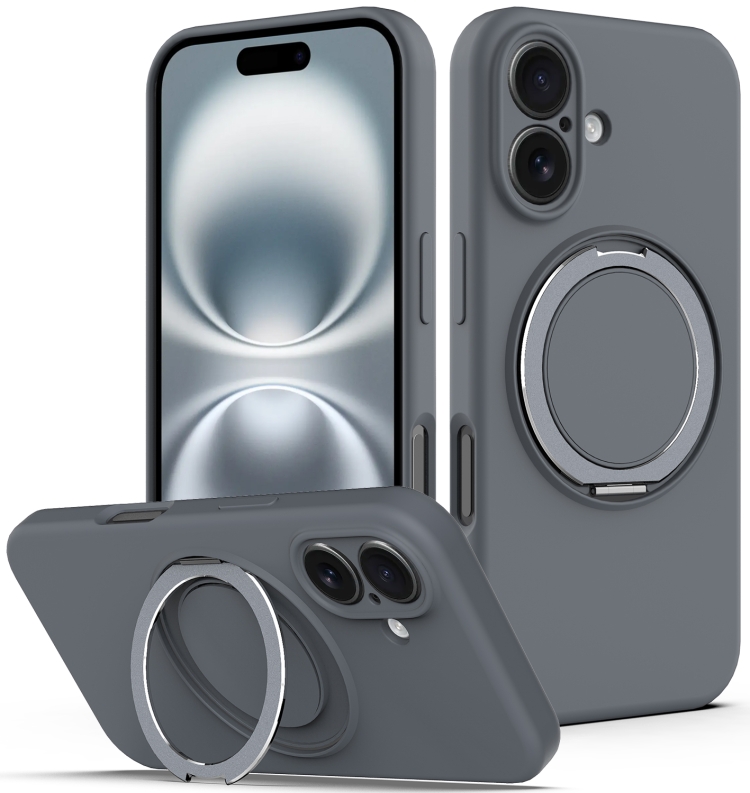 For iPhone 16 Liquid Silicone MagSafe Phone Case with Rotating Holder(Grey)