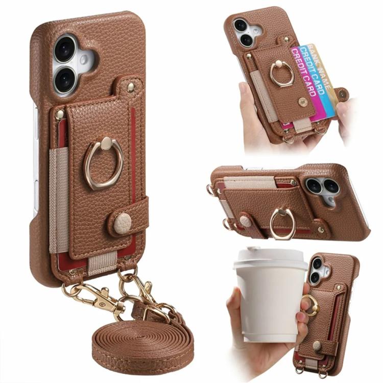 For iPhone 16 Litchi Texture Card Bag Ring Holder Vegan Leather + PC Phone Case with Shoulder Strap(Brown)