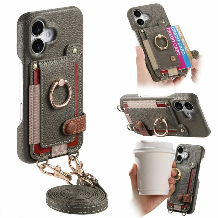 For iPhone 16 Litchi Texture Card Bag Ring Holder Vegan Leather + PC Phone Case with Shoulder Strap(Gray)