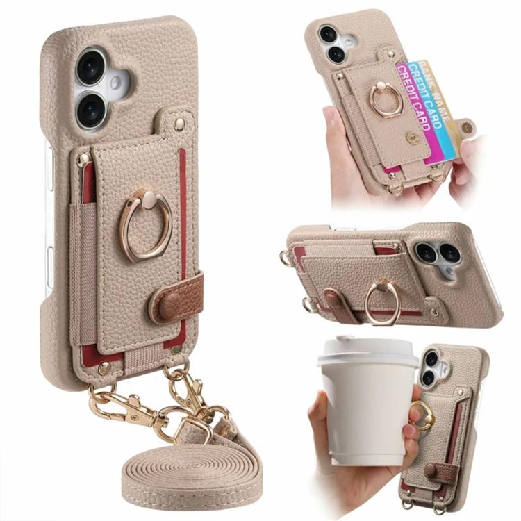 For iPhone 16 Litchi Texture Card Bag Ring Holder Vegan Leather + PC Phone Case with Shoulder Strap(Khaki)