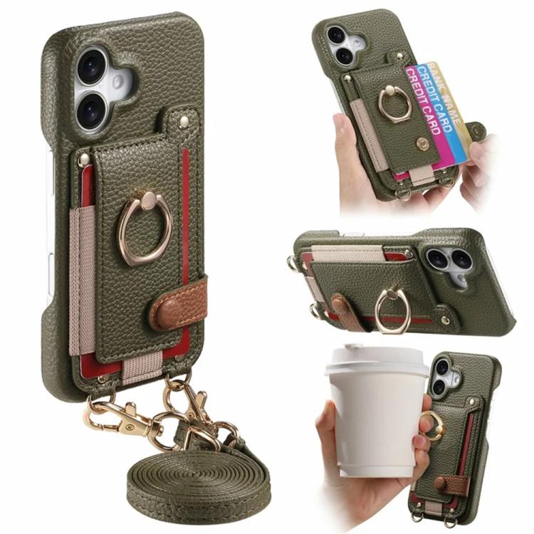 For iPhone 16 Litchi Texture Card Bag Ring Holder Vegan Leather + PC Phone Case with Shoulder Strap(Midnight Green)