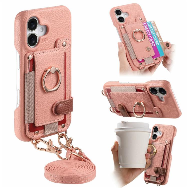 For iPhone 16 Litchi Texture Card Bag Ring Holder Vegan Leather + PC Phone Case with Shoulder Strap(Pink)