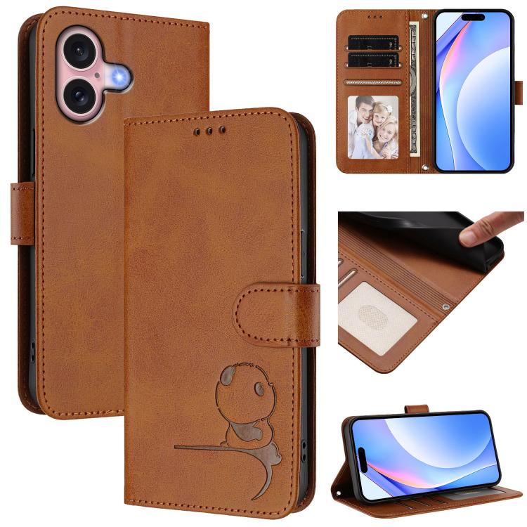 For iPhone 16 Litter Panda Embossing RFID Leather Phone Case with Lanyard(Brown)