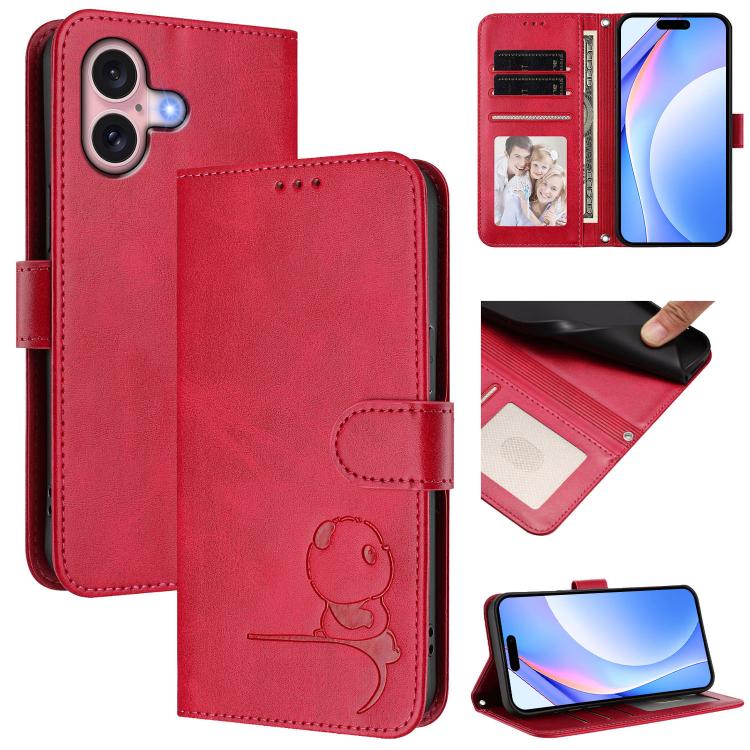For iPhone 16 Litter Panda Embossing RFID Leather Phone Case with Lanyard(Rose Red)