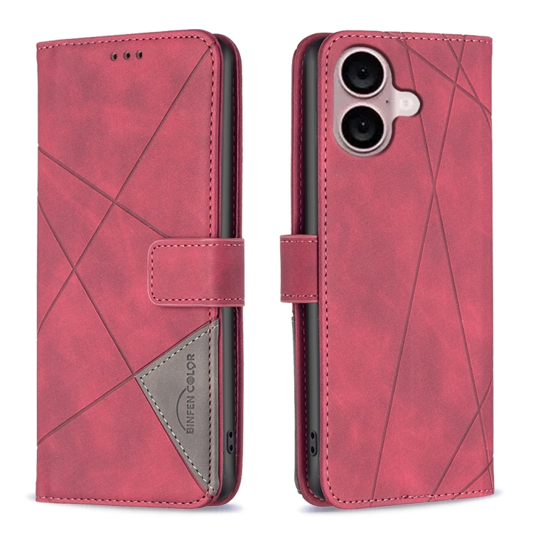 For iPhone 16 Magnetic Buckle Rhombus Texture Leather Phone Case(Red)