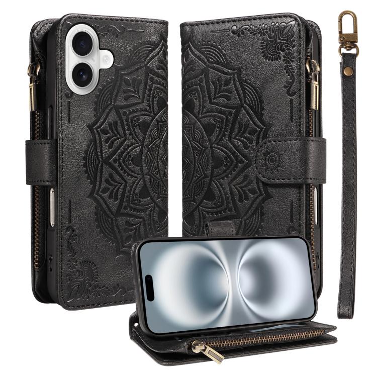 For iPhone 16 Mandala Embossed 9-Card Zipper RFID Vegan Leather Phone Case with Short Lanyard(Black)