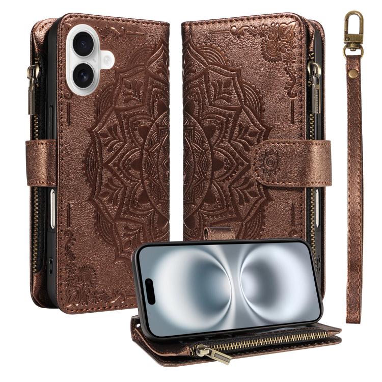 For iPhone 16 Mandala Embossed 9-Card Zipper RFID Vegan Leather Phone Case with Short Lanyard(Brown)