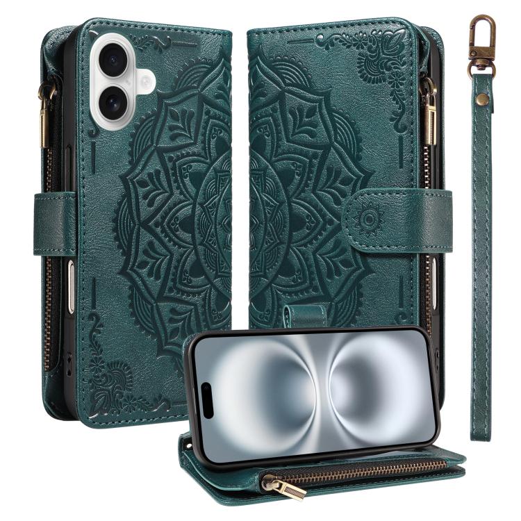 For iPhone 16 Mandala Embossed 9-Card Zipper RFID Vegan Leather Phone Case with Short Lanyard(Green)