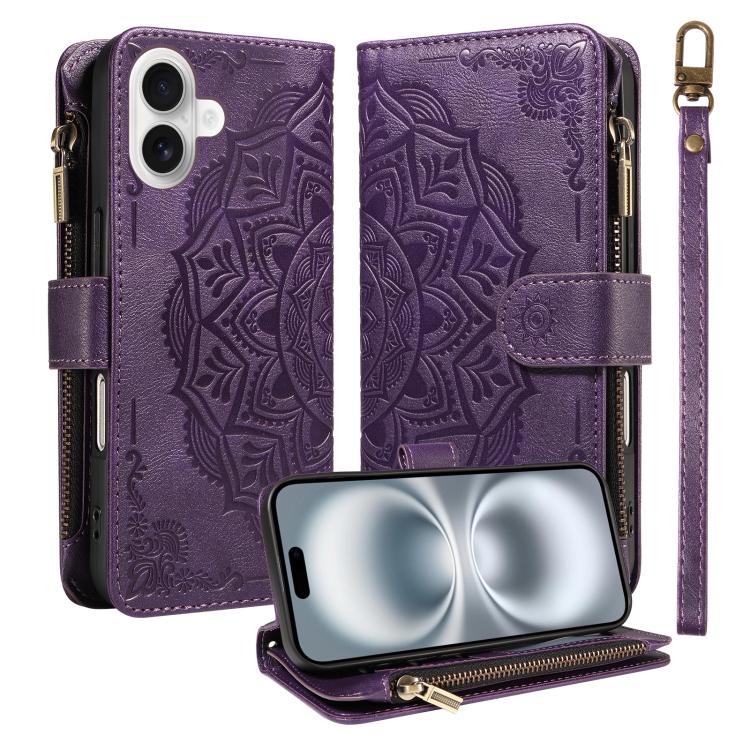 For iPhone 16 Mandala Embossed 9-Card Zipper RFID Vegan Leather Phone Case with Short Lanyard(Purple)