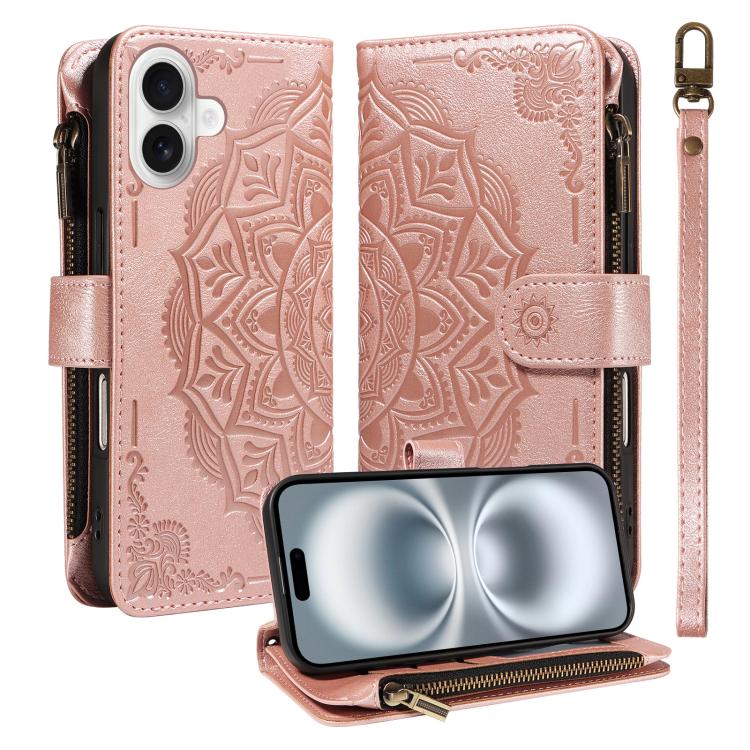 For iPhone 16 Mandala Embossed 9-Card Zipper RFID Vegan Leather Phone Case with Short Lanyard(Rose Gold)