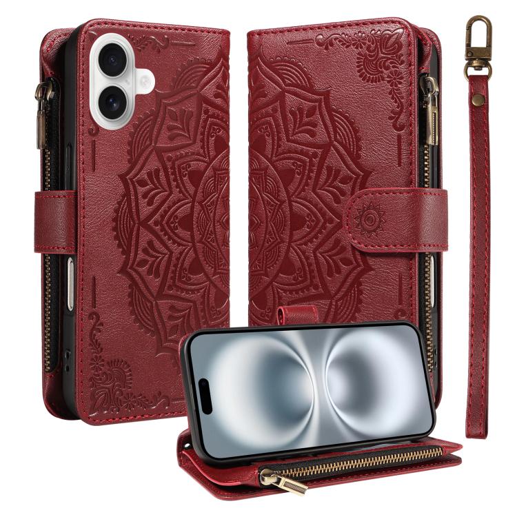For iPhone 16 Mandala Embossed 9-Card Zipper RFID Vegan Leather Phone Case with Short Lanyard(Wine Red)