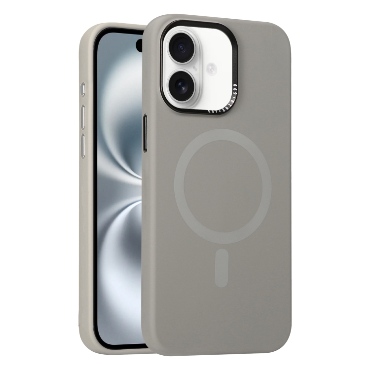 For iPhone 16 Metal Lens Frame Liquid Silicone MagSafe Phone Case(Natural Titanium)