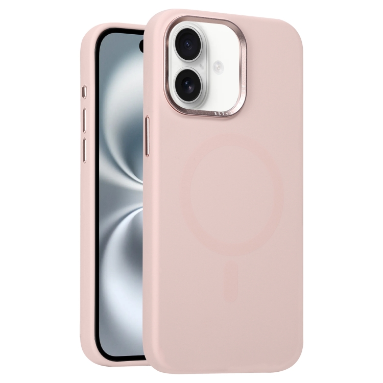 For iPhone 16 Metal Lens Frame Liquid Silicone MagSafe Phone Case(Pink)
