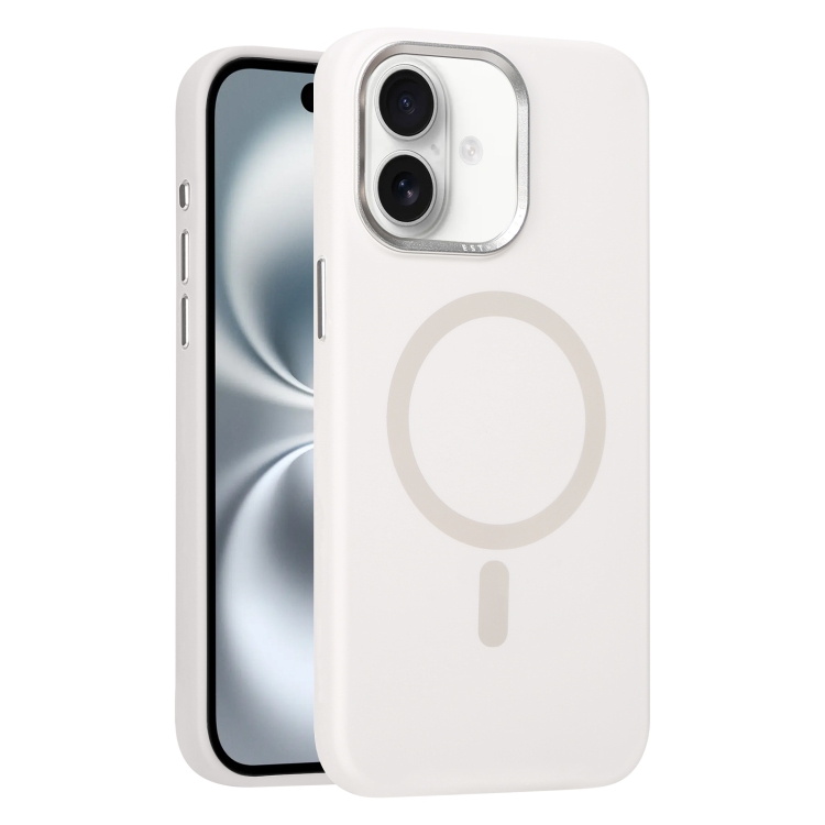 For iPhone 16 Metal Lens Frame Liquid Silicone MagSafe Phone Case(White)