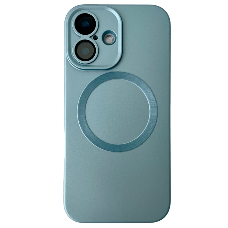 For iPhone 16 Metallic Paint CD Texture MagSafe TPU Phone Case(Sierra Blue)