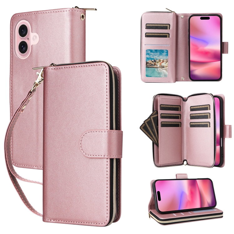 For iPhone 16 Nine-card Slots Zipper Wallet Bag Leather Phone Case(Rose Gold)