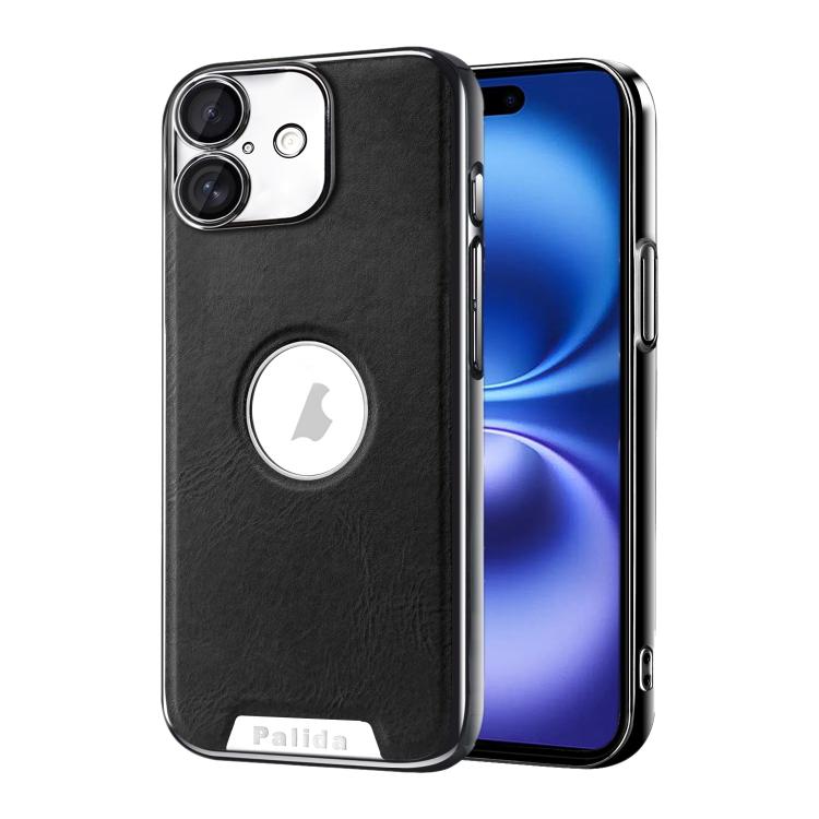 For iPhone 16 Palida Electroplated Mecha-Style Vegan Leather Shockproof Phone Case(Black)