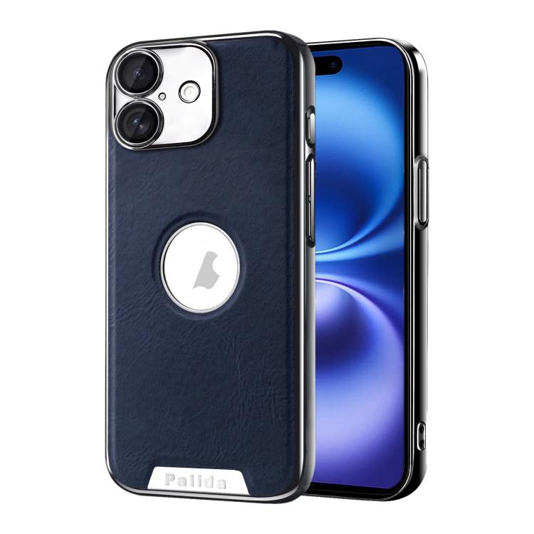 For iPhone 16 Palida Electroplated Mecha-Style Vegan Leather Shockproof Phone Case(Blue)