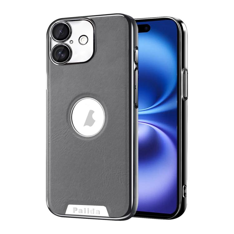 For iPhone 16 Palida Electroplated Mecha-Style Vegan Leather Shockproof Phone Case(Gray)