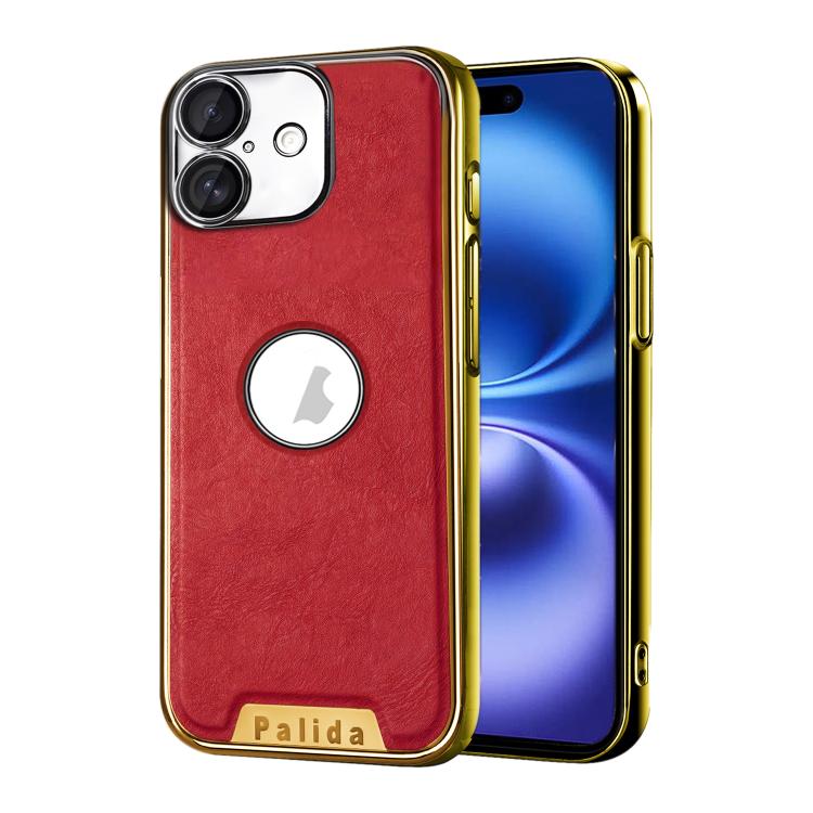 For iPhone 16 Palida Electroplated Mecha-Style Vegan Leather Shockproof Phone Case(Red)