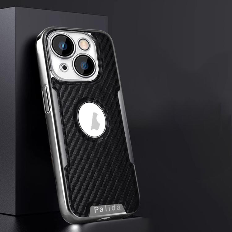 For iPhone 16 Palida Y7 Electroplated Carbon Fiber Texture Lens Film Phone Case(Black)