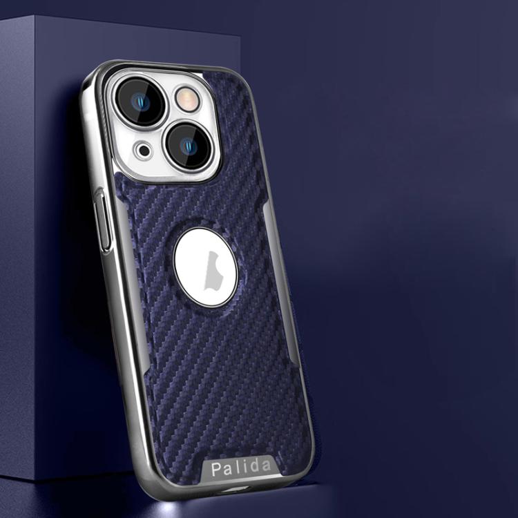 For iPhone 16 Palida Y7 Electroplated Carbon Fiber Texture Lens Film Phone Case(Blue)